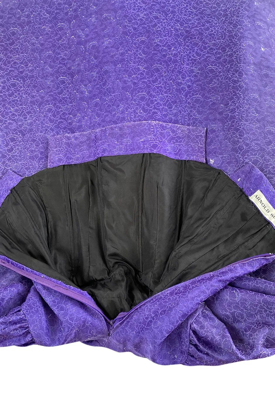 1960s Arnold Scaasi Couture Strapless Purple Silk Dress w Silver Thread Detailing