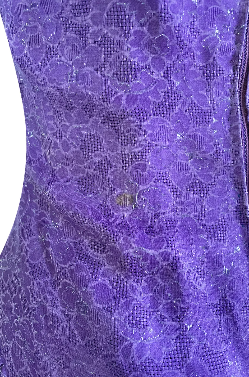 1960s Arnold Scaasi Couture Strapless Purple Silk Dress w Silver Thread Detailing