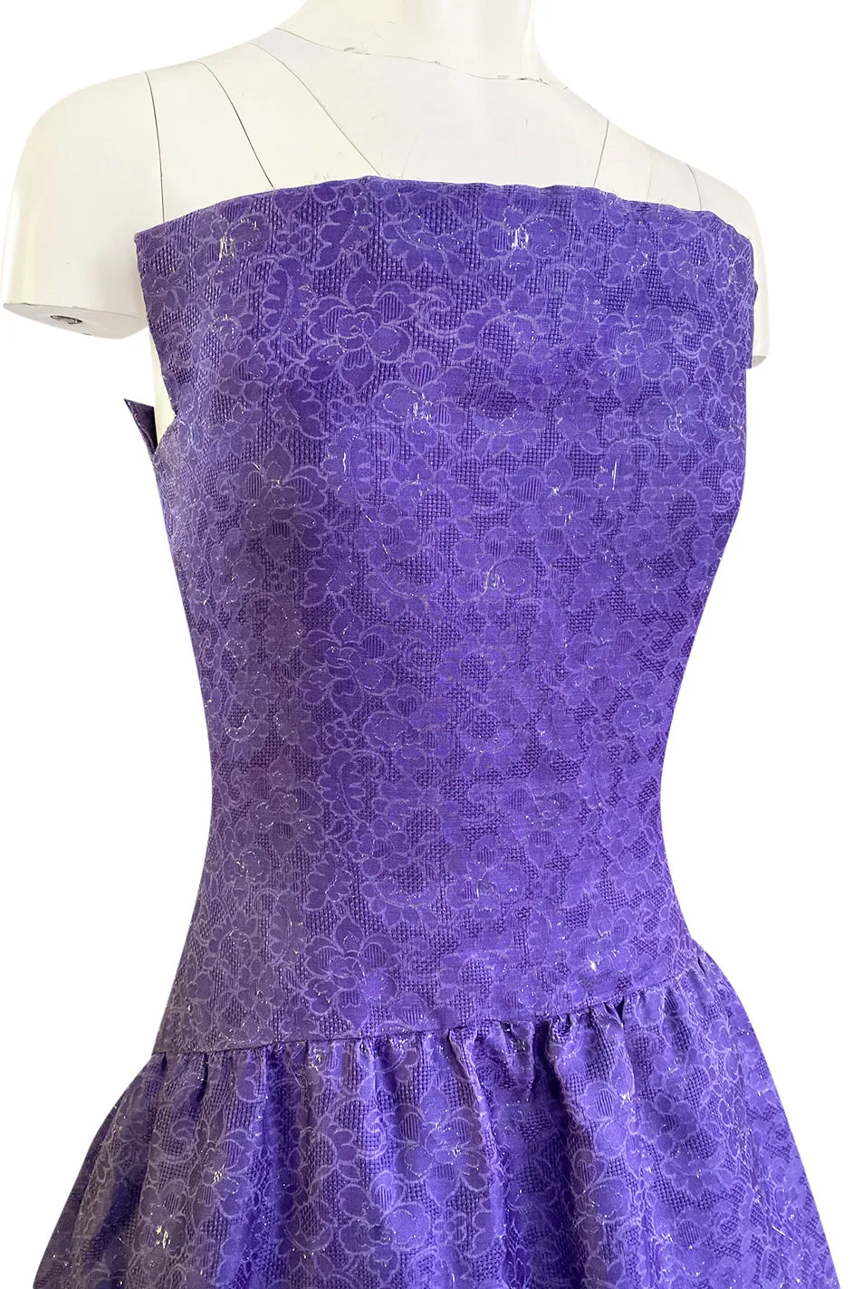 1960s Arnold Scaasi Couture Strapless Purple Silk Dress w Silver Thread Detailing