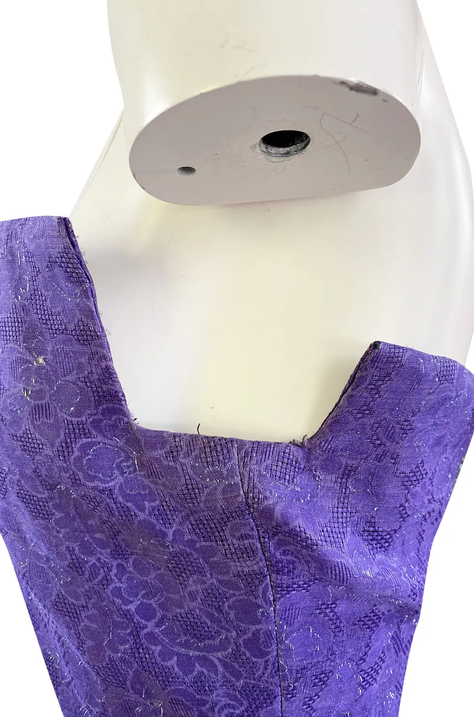 1960s Arnold Scaasi Couture Strapless Purple Silk Dress w Silver Thread Detailing