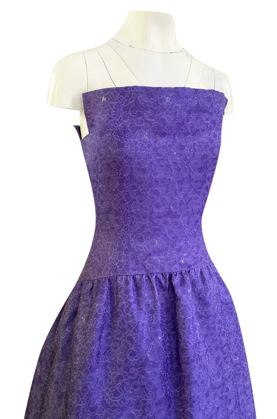 1960s Arnold Scaasi Couture Strapless Purple Silk Dress w Silver Thread Detailing