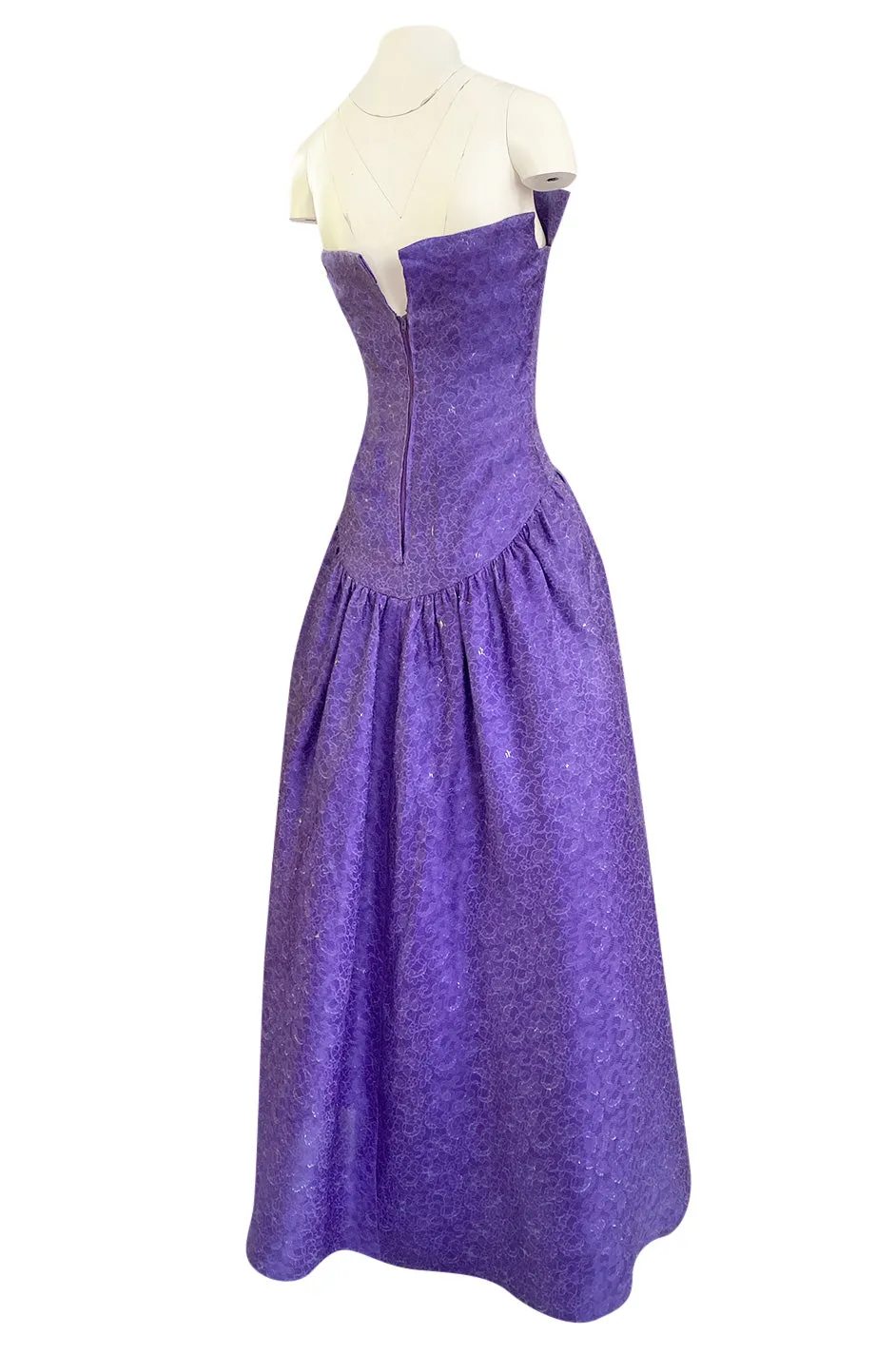 1960s Arnold Scaasi Couture Strapless Purple Silk Dress w Silver Thread Detailing