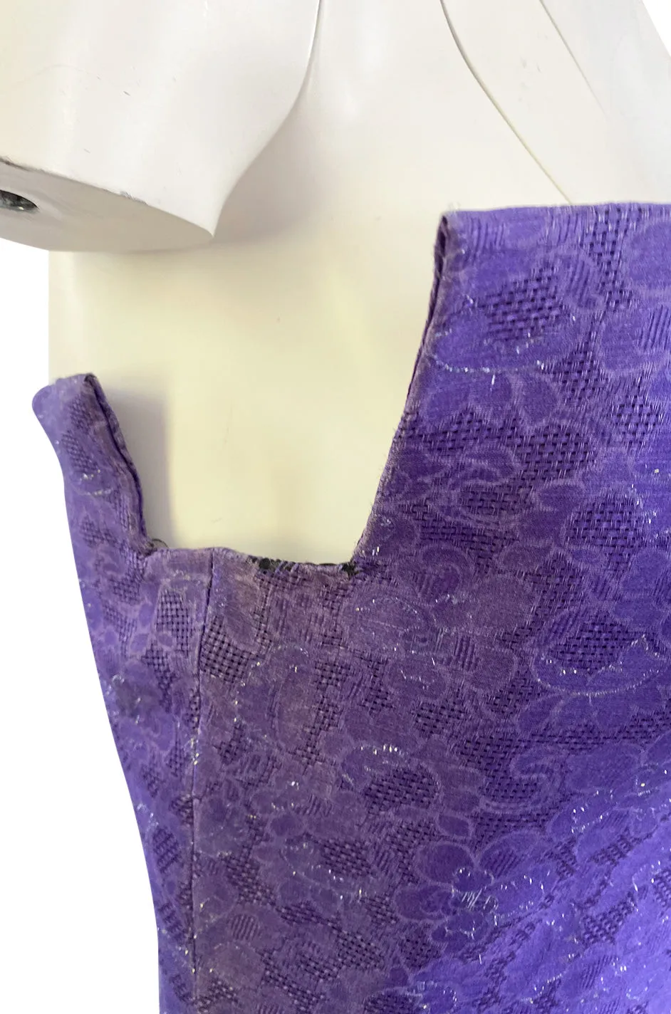 1960s Arnold Scaasi Couture Strapless Purple Silk Dress w Silver Thread Detailing
