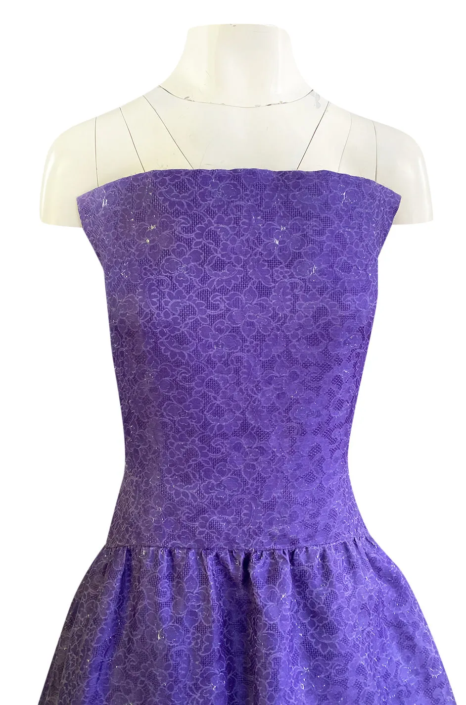 1960s Arnold Scaasi Couture Strapless Purple Silk Dress w Silver Thread Detailing