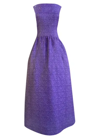 1960s Arnold Scaasi Couture Strapless Purple Silk Dress w Silver Thread Detailing