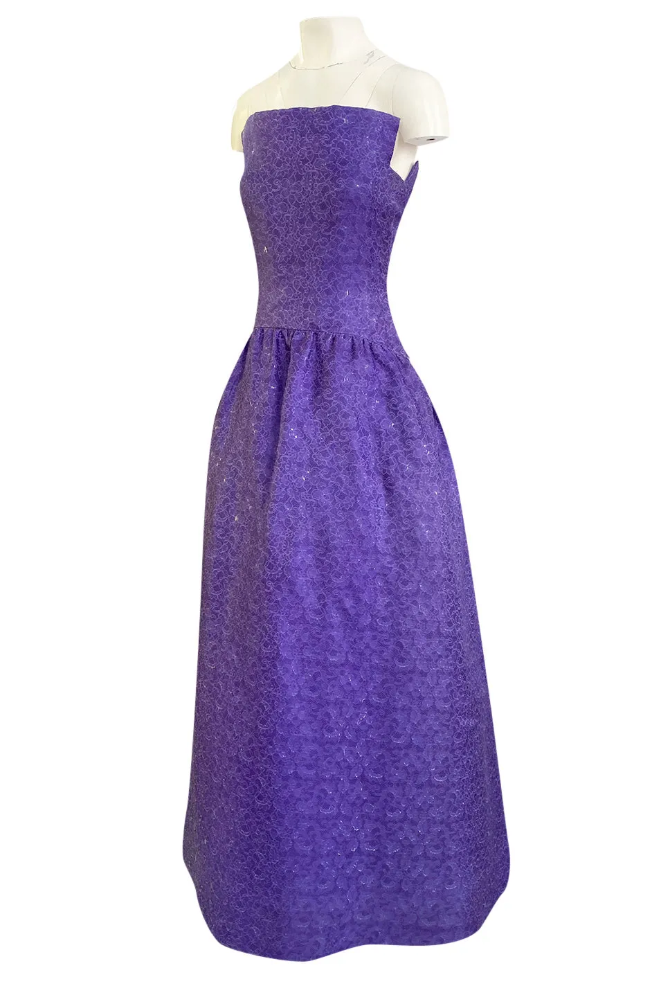 1960s Arnold Scaasi Couture Strapless Purple Silk Dress w Silver Thread Detailing