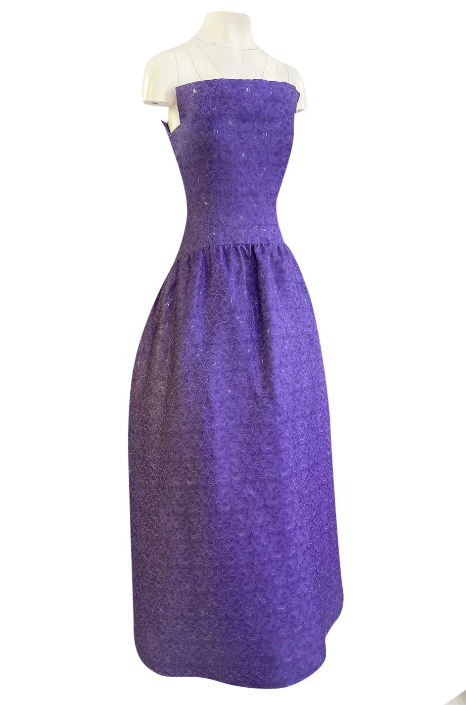 1960s Arnold Scaasi Couture Strapless Purple Silk Dress w Silver Thread Detailing