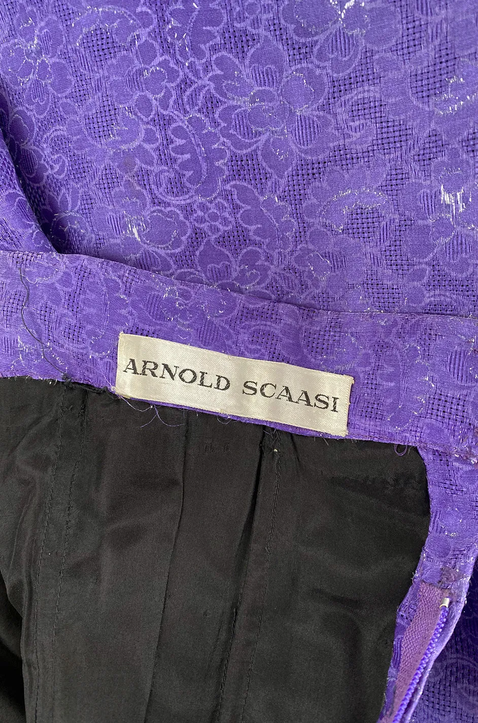 1960s Arnold Scaasi Couture Strapless Purple Silk Dress w Silver Thread Detailing
