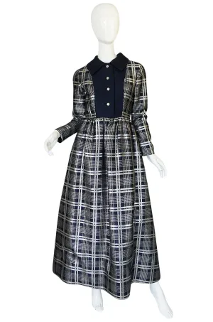 1960s Navy Silk & Silver Metallic Oscar de la Renta Dress