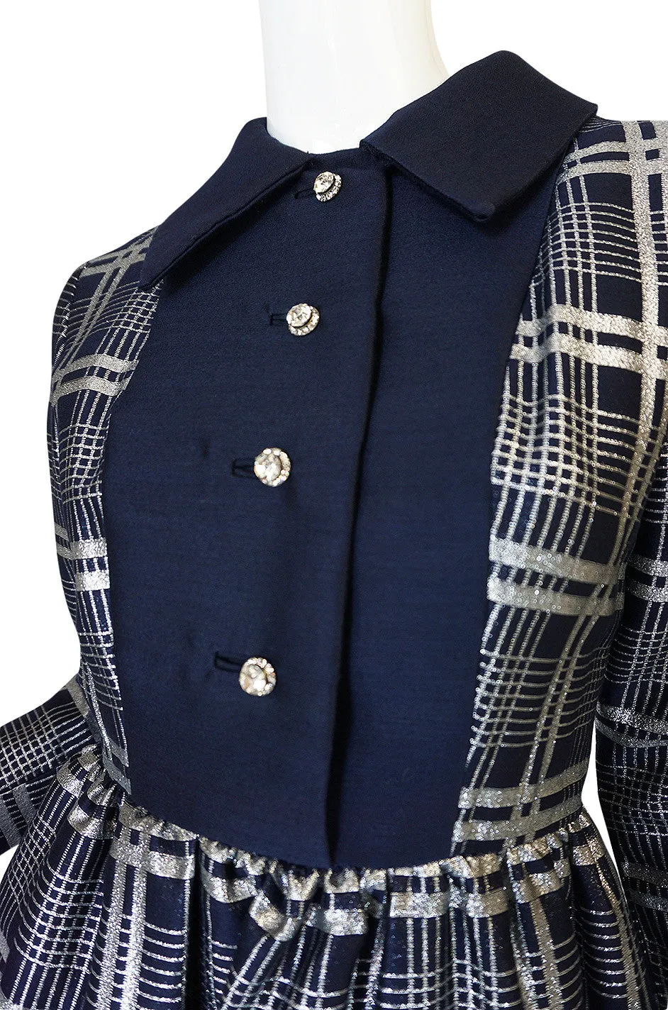 1960s Navy Silk & Silver Metallic Oscar de la Renta Dress