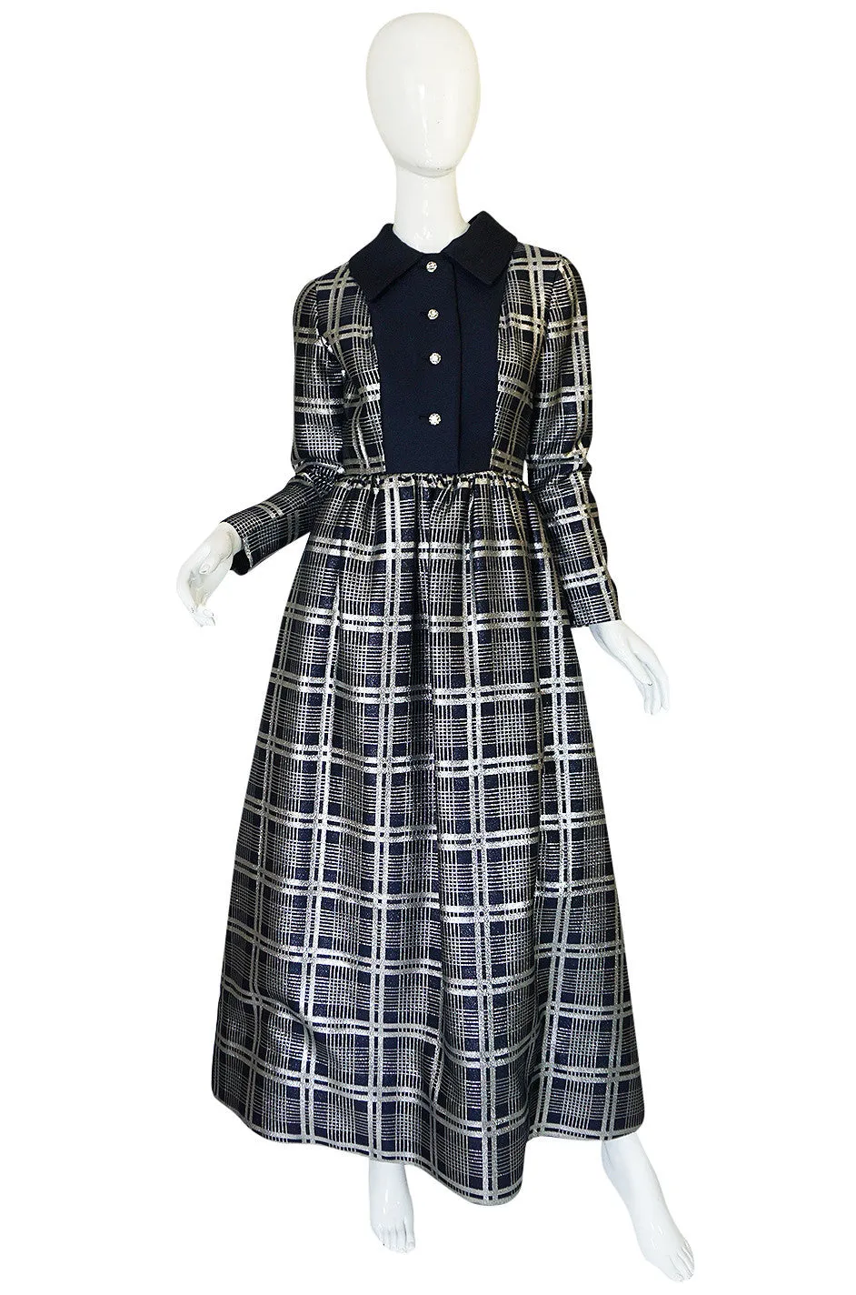 1960s Navy Silk & Silver Metallic Oscar de la Renta Dress