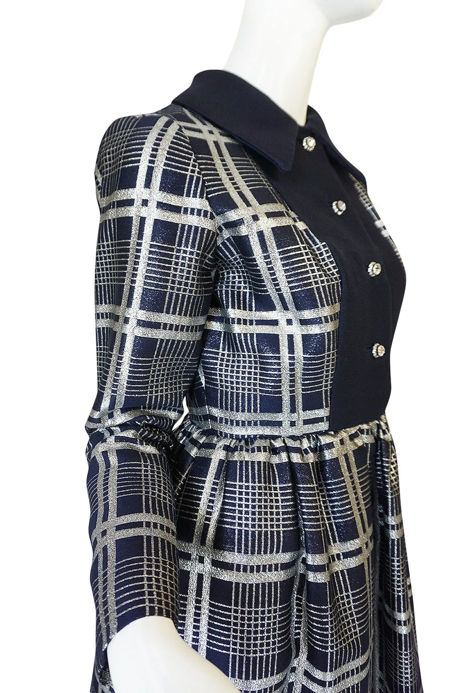 1960s Navy Silk & Silver Metallic Oscar de la Renta Dress