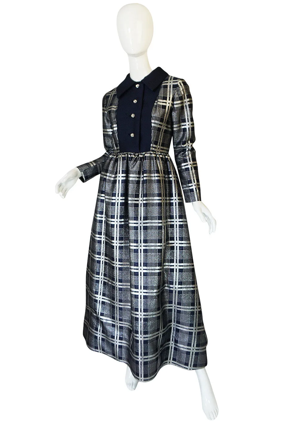 1960s Navy Silk & Silver Metallic Oscar de la Renta Dress