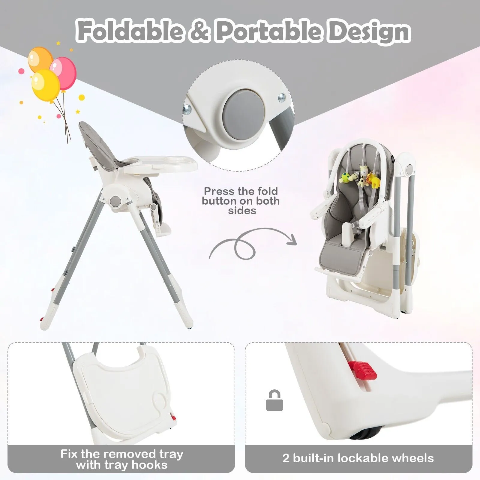 4-in-1  Reclining | Folding | Height Adjustable Baby High Chair | Toy Bar | Cushion