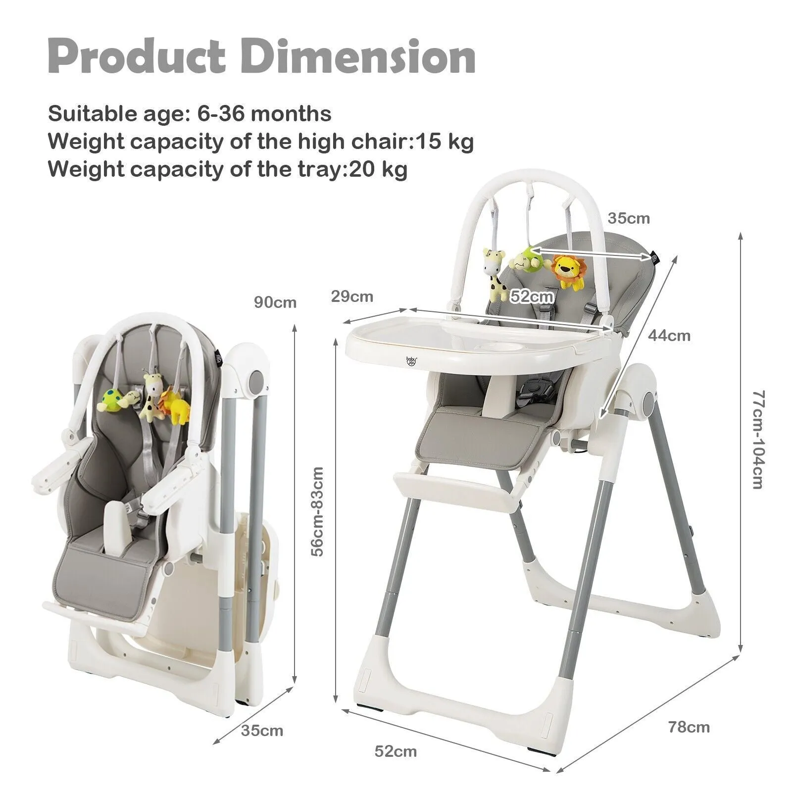 4-in-1  Reclining | Folding | Height Adjustable Baby High Chair | Toy Bar | Cushion