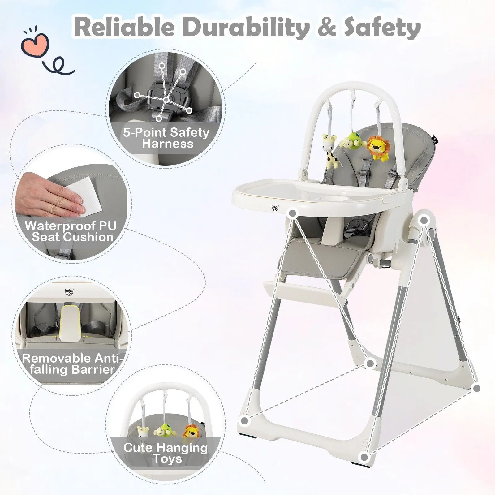 4-in-1  Reclining | Folding | Height Adjustable Baby High Chair | Toy Bar | Cushion
