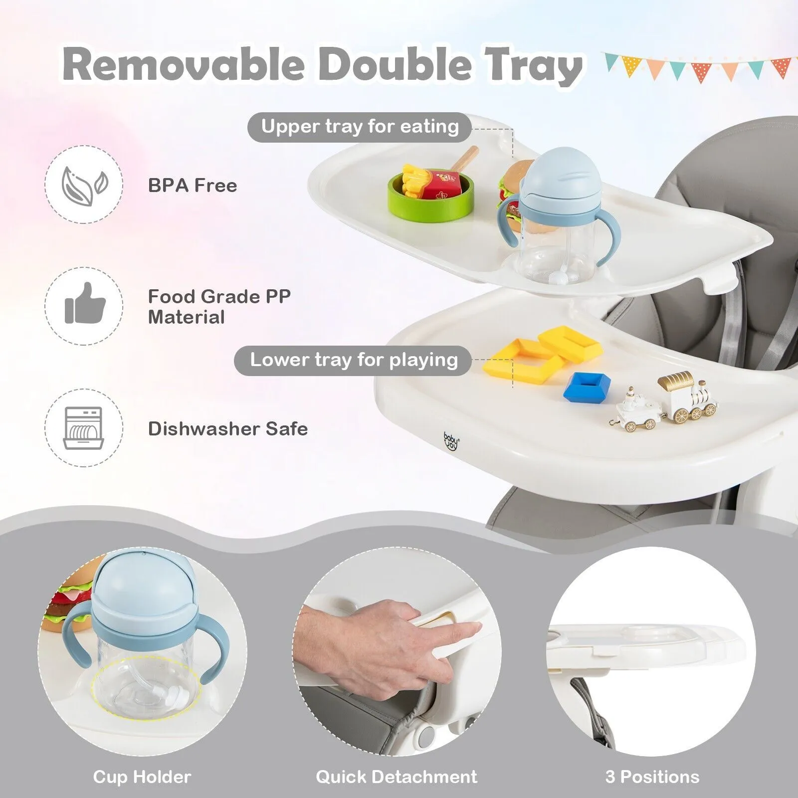 4-in-1  Reclining | Folding | Height Adjustable Baby High Chair | Toy Bar | Cushion