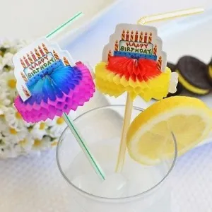 8 Happy Birthday Cake Honeycomb Flexible Drinking Straws 9.5"