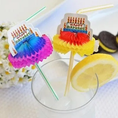 8 Happy Birthday Cake Honeycomb Flexible Drinking Straws 9.5"