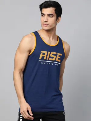 Alcis Men Navy Blue Mustard Yellow Slim Fit Printed Round Neck Running T-shirt