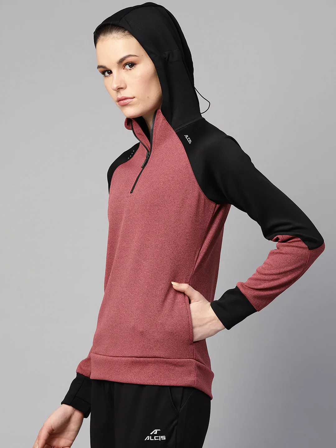 Alcis Women Rust Red Black Solid Hooded Sweatshirt
