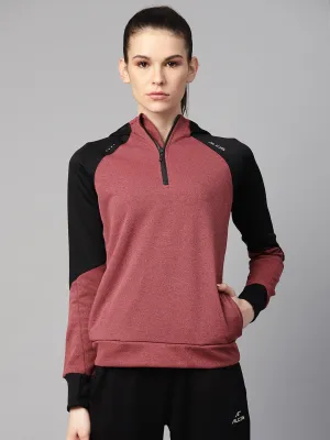 Alcis Women Rust Red Black Solid Hooded Sweatshirt