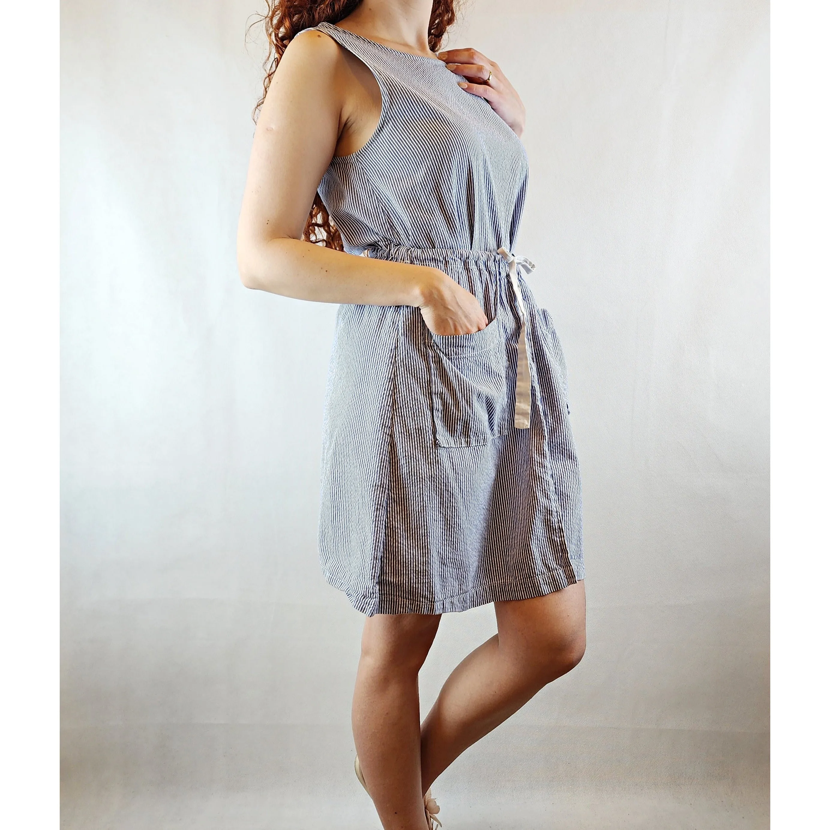 Alpha 60 pre-owned blue and white virtical striped dress with unique front panel size S (best fits 10)
