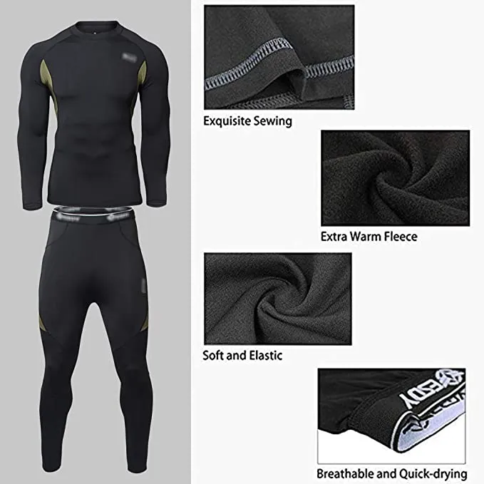 AORAEM Men's Winter Thermal Underwear Clothing Set Warm Long Johns Pants, Sz M! Black/Army Green!