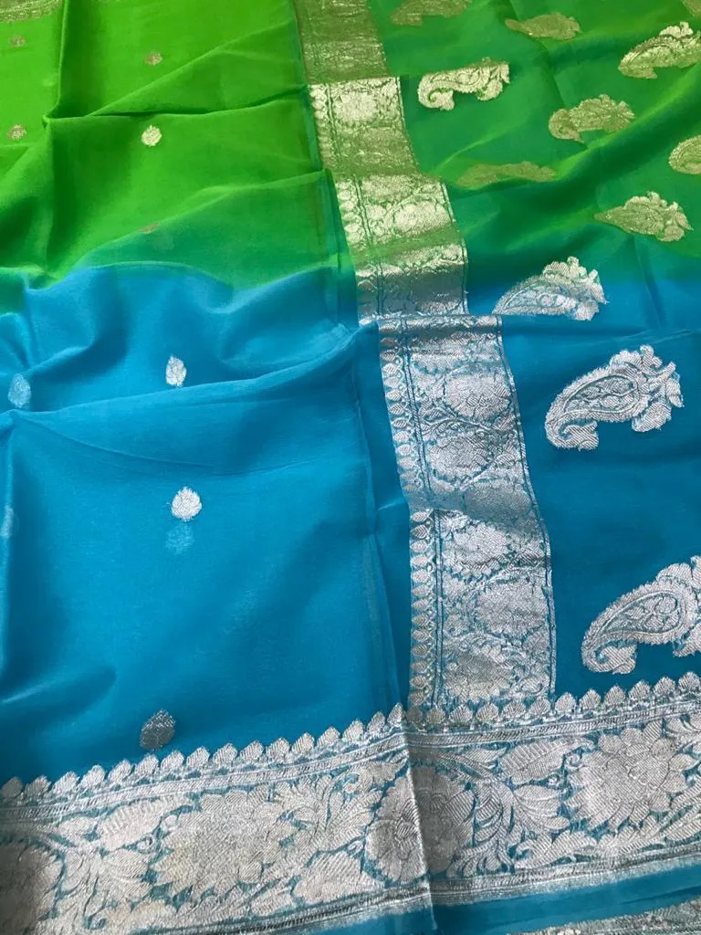 Banarasi Khaddi Chiffon Buti Saree in Light Blue-Green