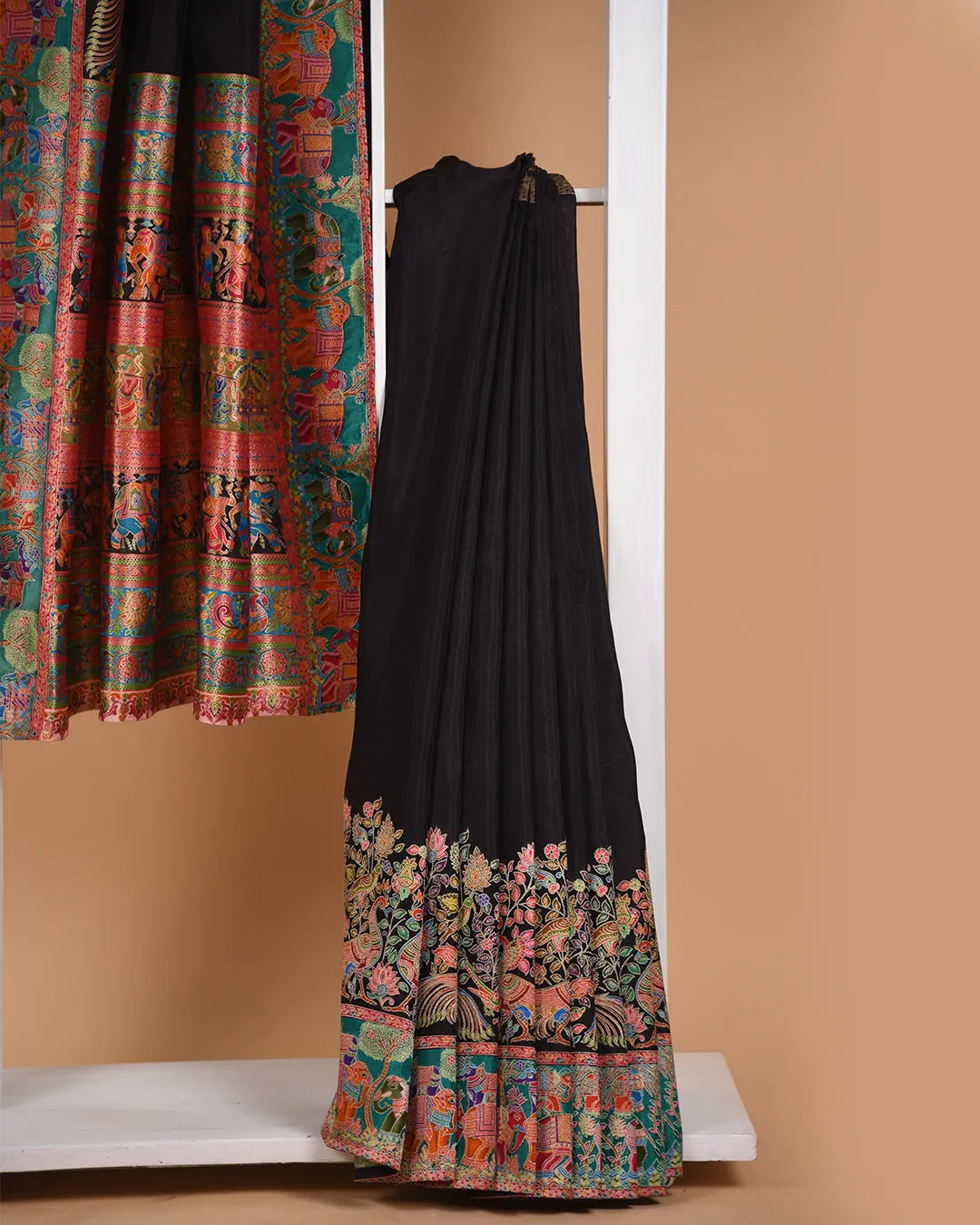 Black Silk Viscose Jamdani Woven Saree With Silk Woven Blouse