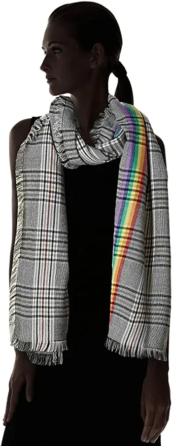 Brand new Collection XIIX Women's Woven Plaid oversized Wrap Scarf! This wrap is a fun take on a classic menswear print. It features a bright, Rainbow stripe running vertical through the wrap!