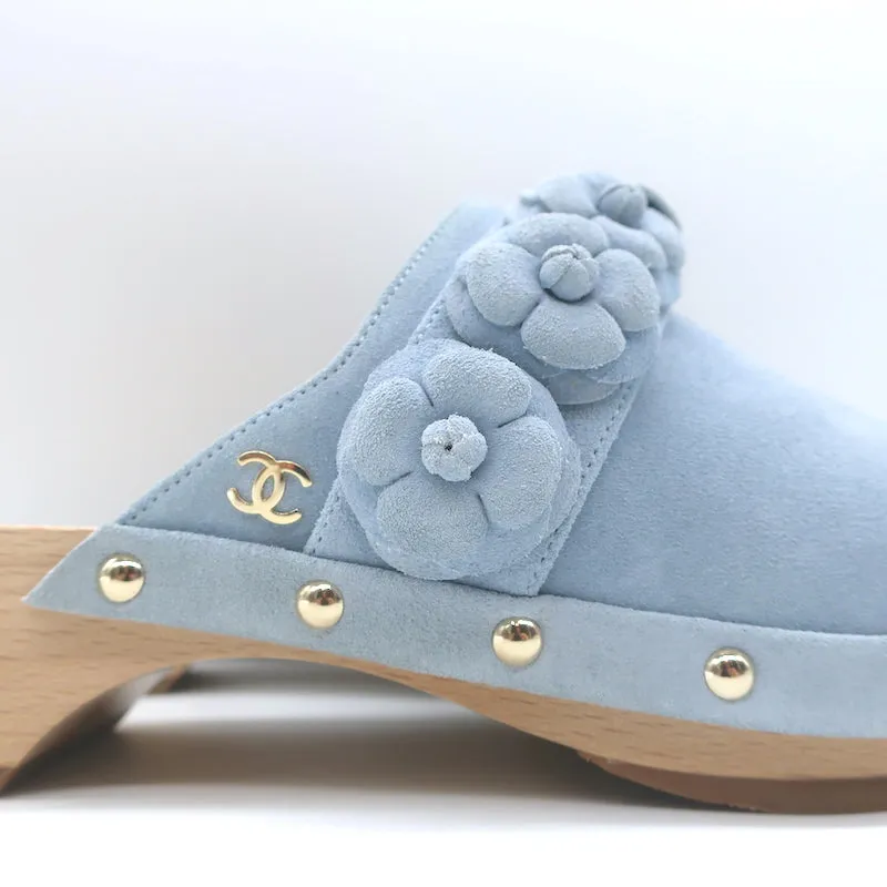 Chanel 22P Camellia Clog Sandals Light Blue Suede Size 37