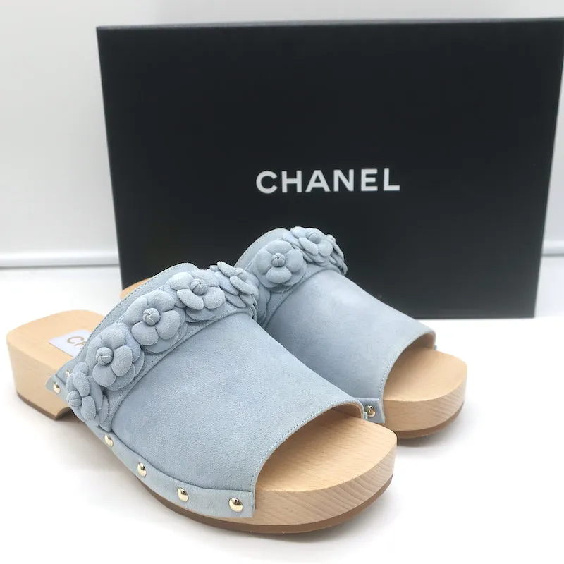 Chanel 22P Camellia Clog Sandals Light Blue Suede Size 37