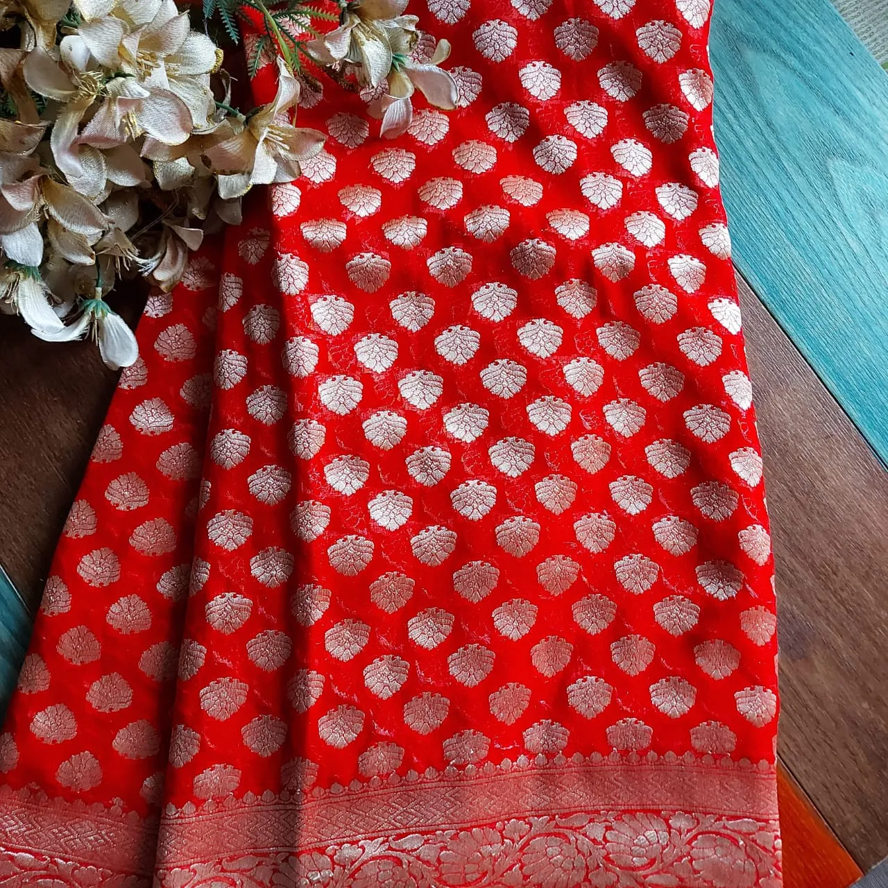 Cherry Red Buti Jaal Banarasi Khaddi Saree