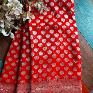 Cherry Red Buti Jaal Banarasi Khaddi Saree