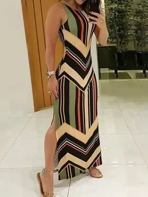 Colorful Striped Print Side Slit Maxi Dress for Women