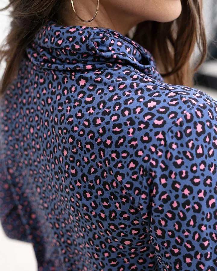 Cover up cowl neck top in steel blue leopard