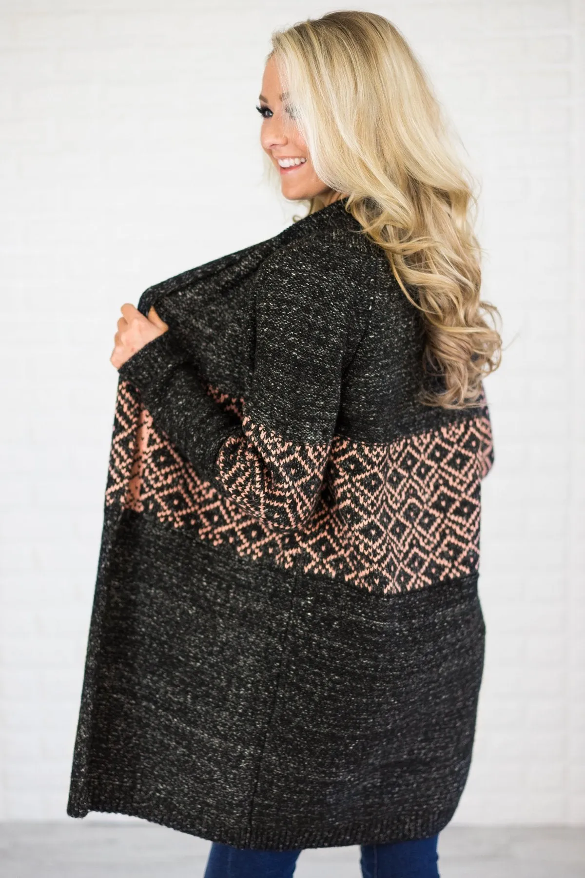 Cozy Sweater Cardigan Charcoal & Pink