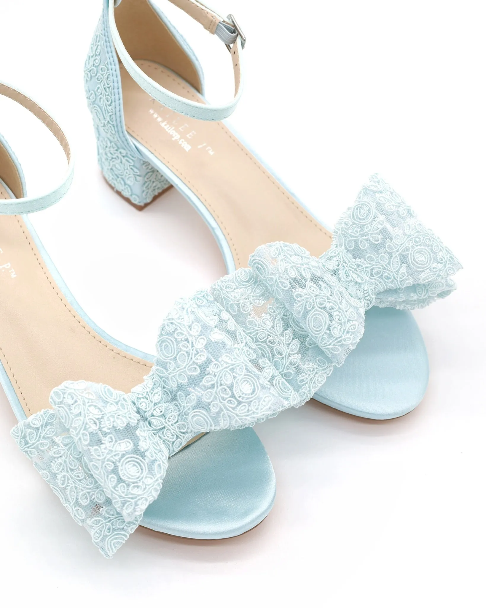 Crochet Lace Block Heel Wedding Sandals with Oversized Crochet Lace Bow