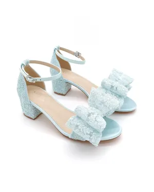 Crochet Lace Block Heel Wedding Sandals with Oversized Crochet Lace Bow