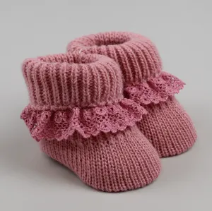 Dusky Pink Baby knitted Booties with lace Newborn to 6 months