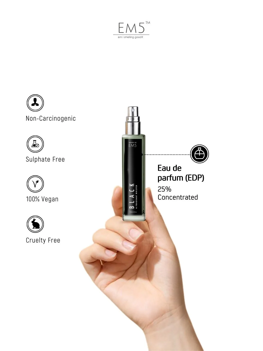 EM5™ Black Perfume EDP Spray for Men | Woody Warm Spicy Fragrance Accords | Luxury Gift for Him | Variants Available: 50 ml Spray / 15 ml Spray