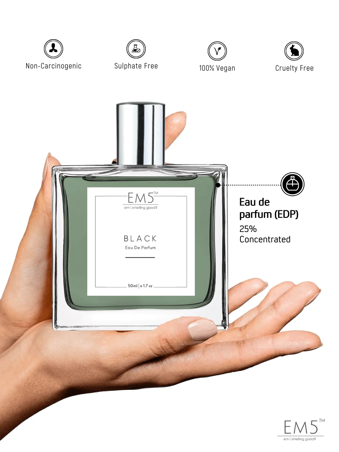 EM5™ Black Perfume EDP Spray for Men | Woody Warm Spicy Fragrance Accords | Luxury Gift for Him | Variants Available: 50 ml Spray / 15 ml Spray