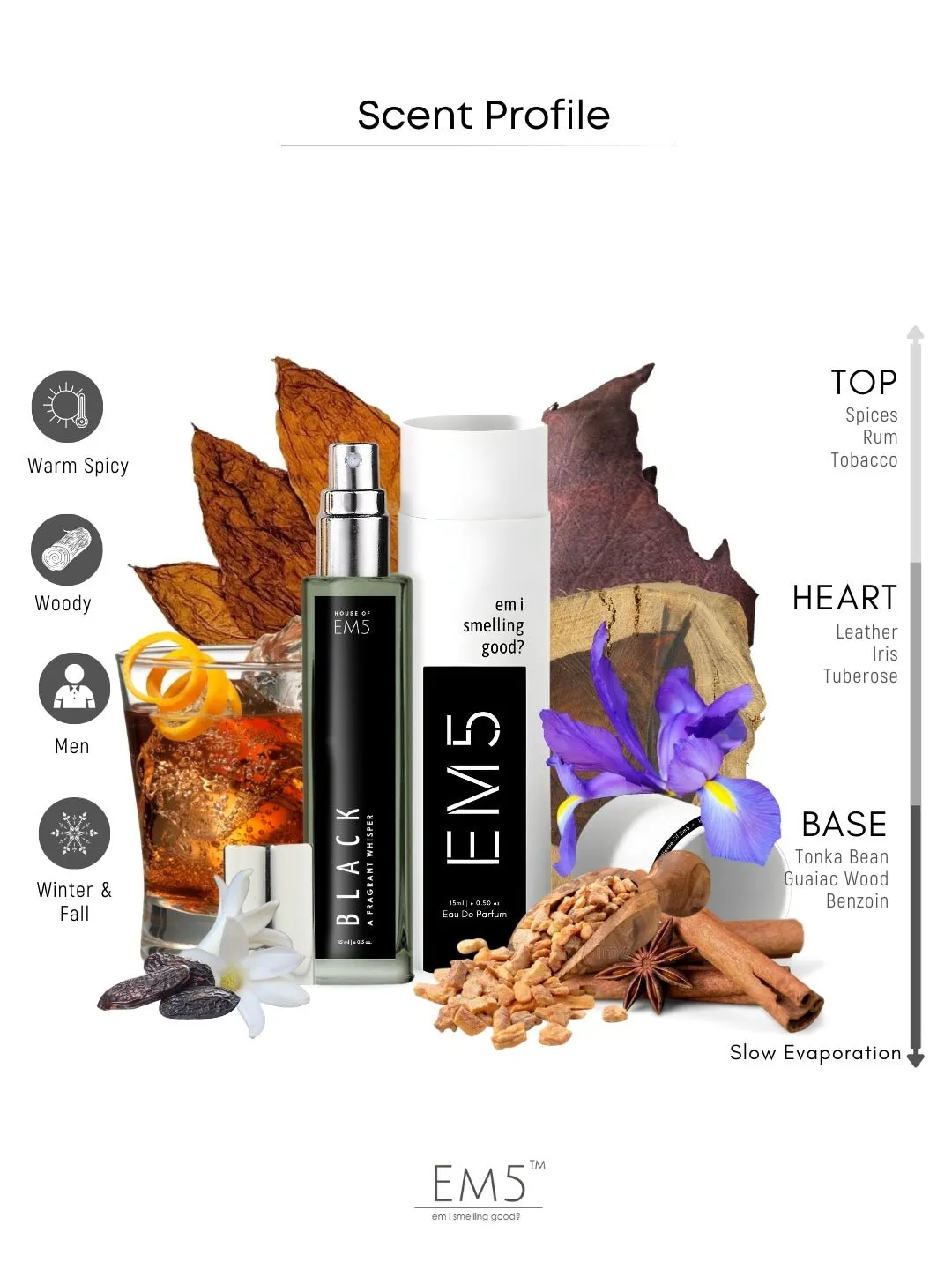 EM5™ Black Perfume EDP Spray for Men | Woody Warm Spicy Fragrance Accords | Luxury Gift for Him | Variants Available: 50 ml Spray / 15 ml Spray