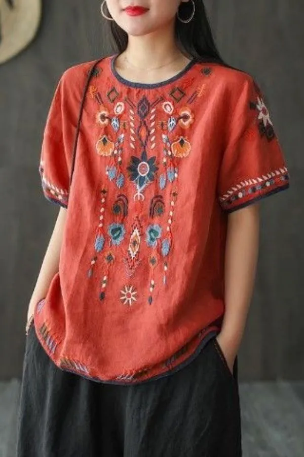 Embroidery Ethnic Style Cotton T-shirts
