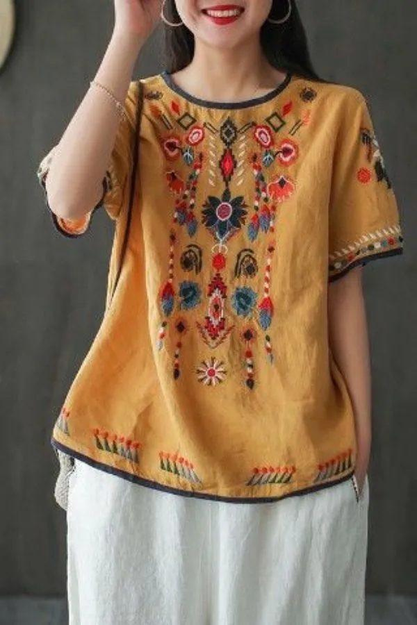 Embroidery Ethnic Style Cotton T-shirts