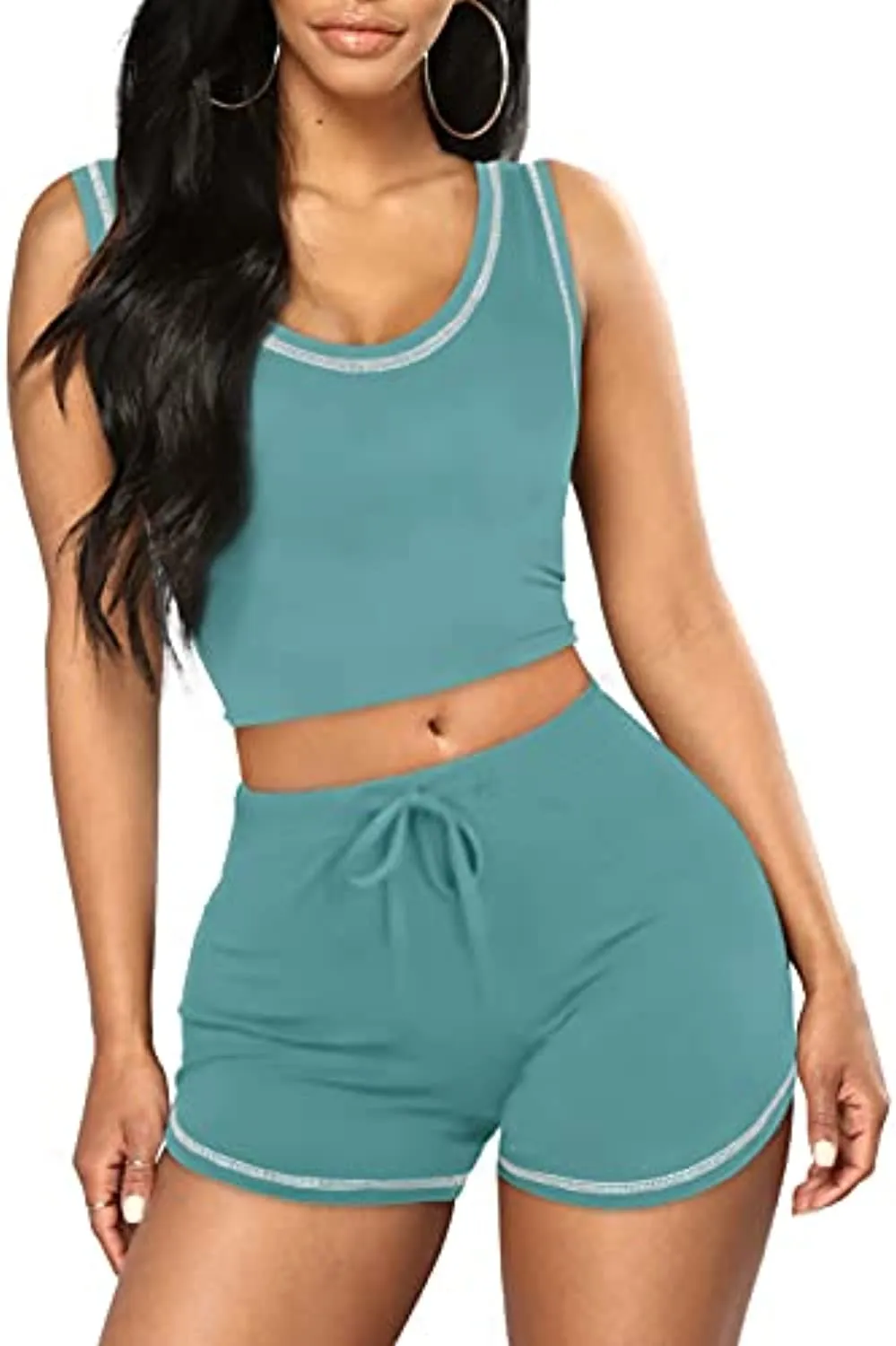 FAVALIVE Two Piece Outfits for Women Summer Bodycon Athletic Shorts Sets