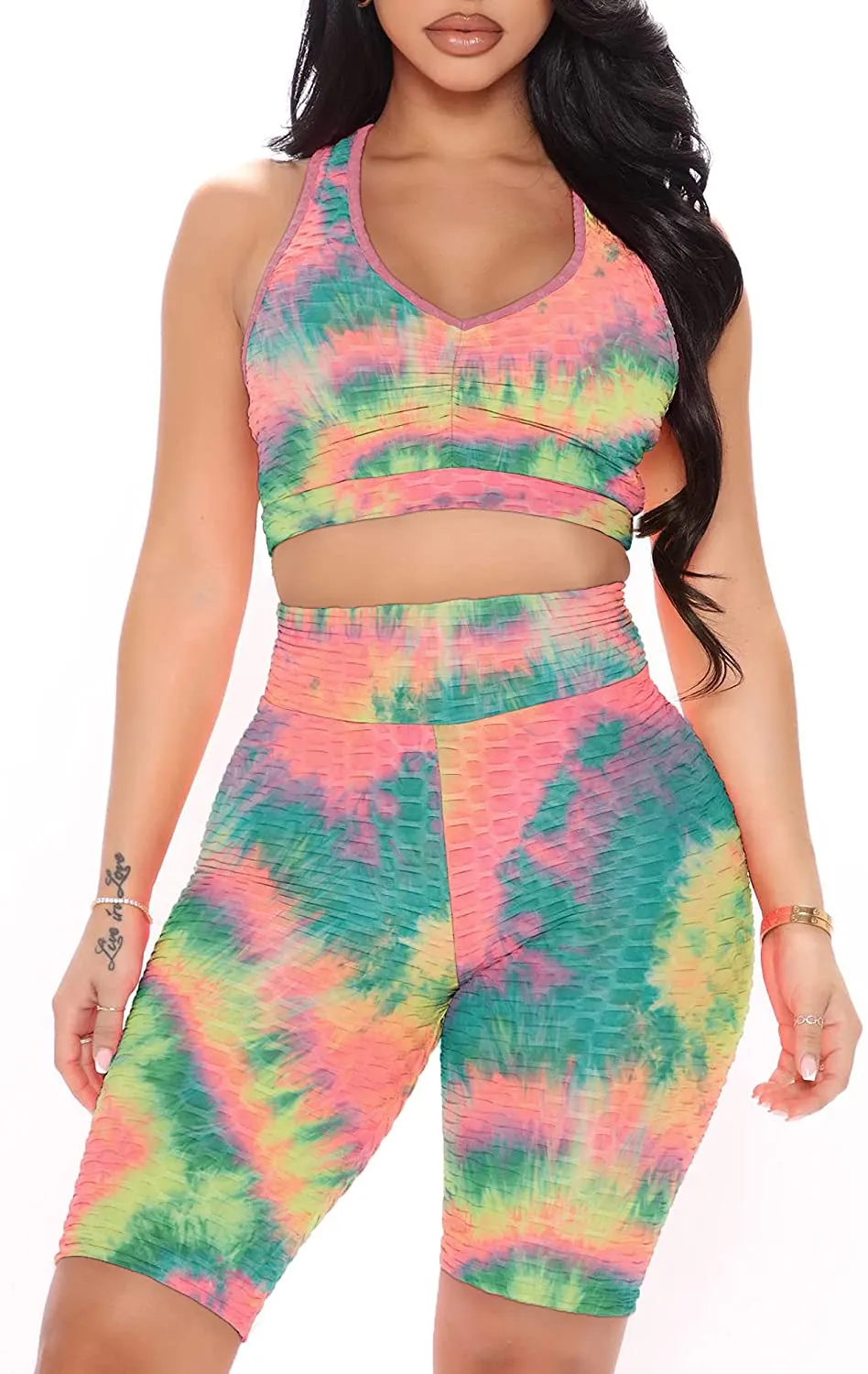 FAVALIVE Two Piece Outfits for Women Summer Bodycon Athletic Shorts Sets