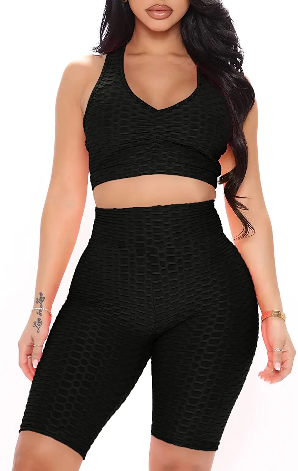 FAVALIVE Two Piece Outfits for Women Summer Bodycon Athletic Shorts Sets