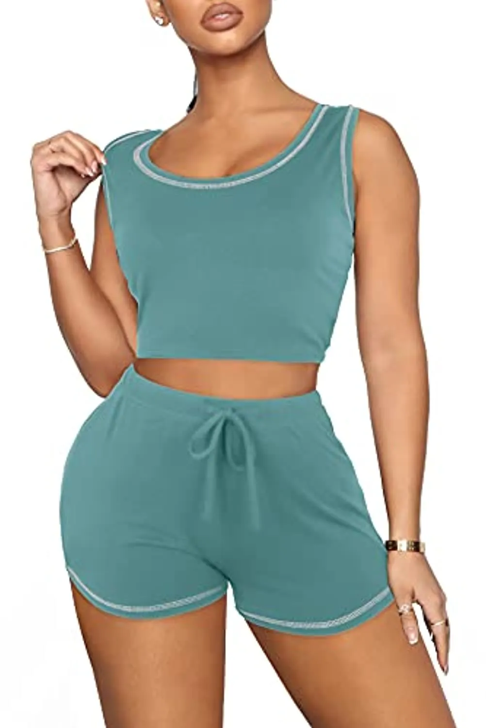 FAVALIVE Two Piece Outfits for Women Summer Bodycon Athletic Shorts Sets